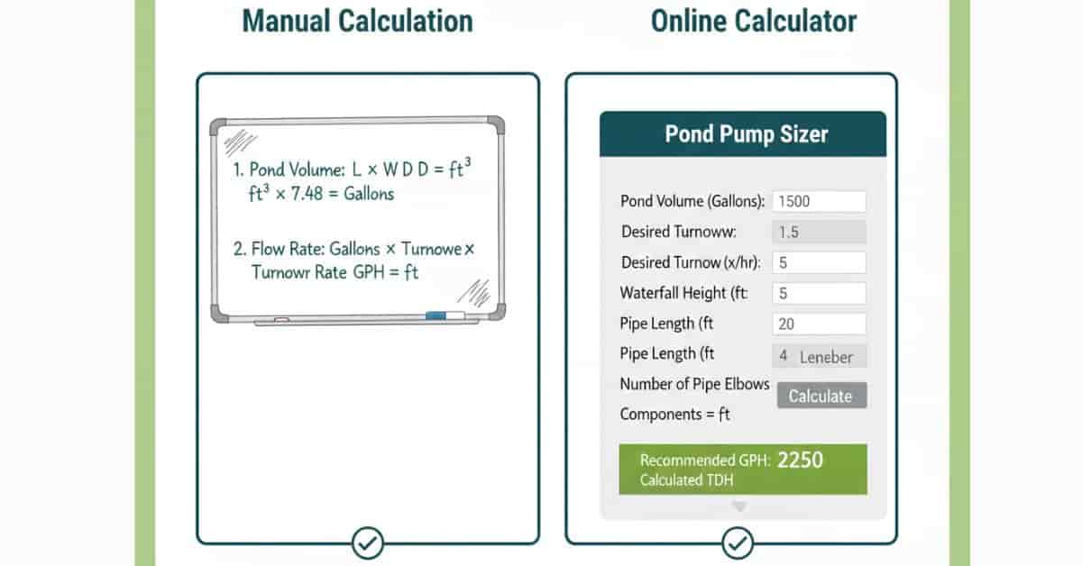 Comparison of manual pond pump calculations and online pond pump calculator interface.