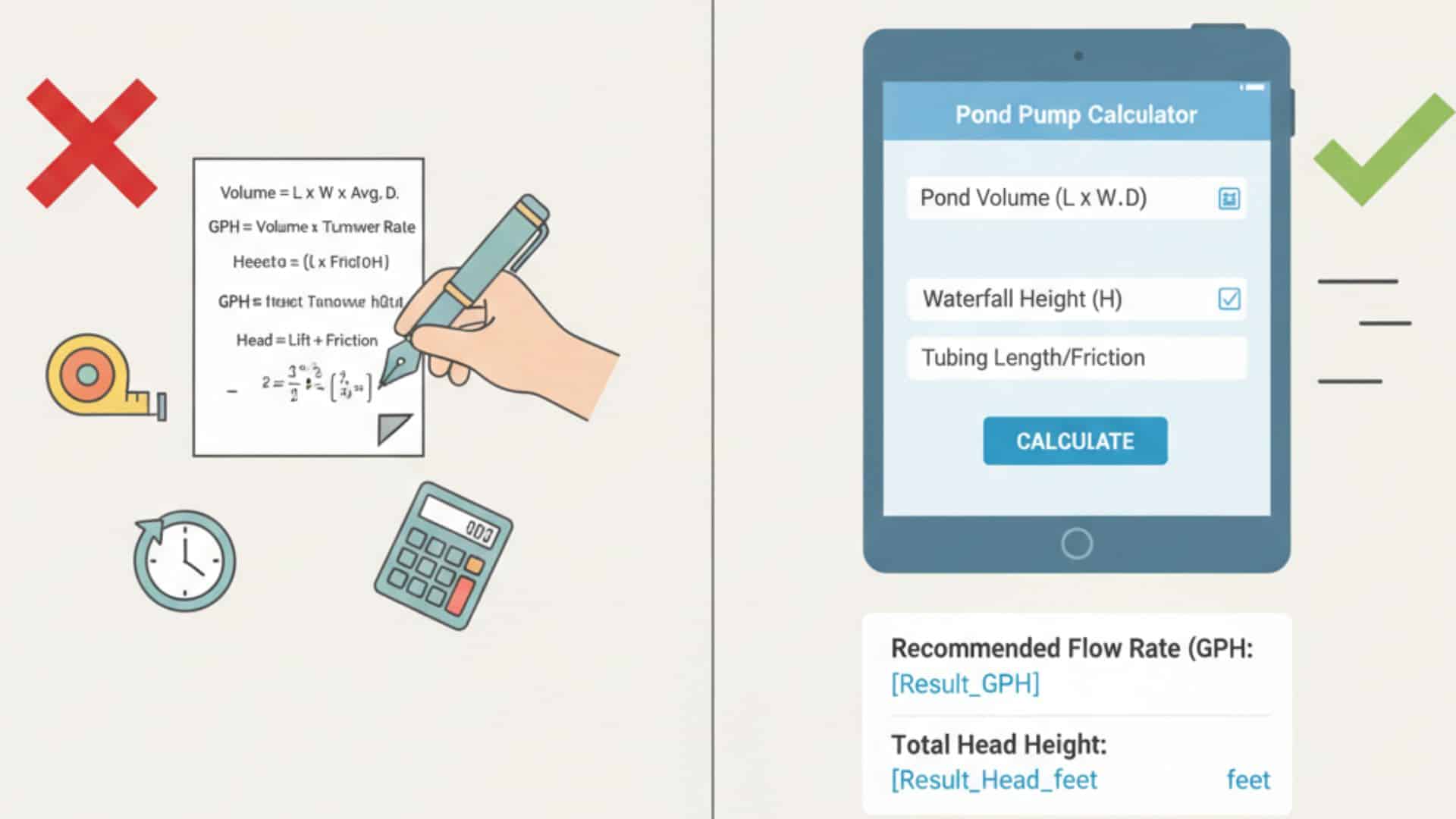 Comparison between manual pond pump calculations and using an online pond pump calculator