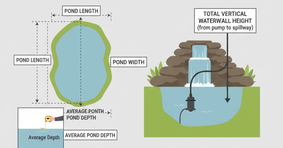 How to measure pond volume and waterfall height for pump sizing