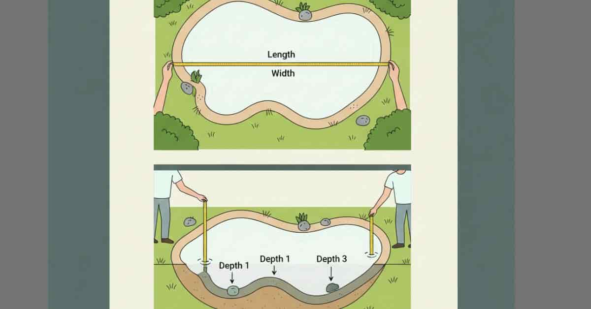 Diagram demonstrating how to measure pond length, width, and average depth using a tape measure.