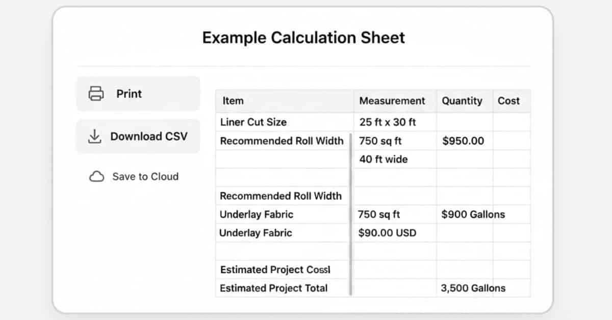 Pond liner calculator interface showing export options including print and CSV download with sample output.