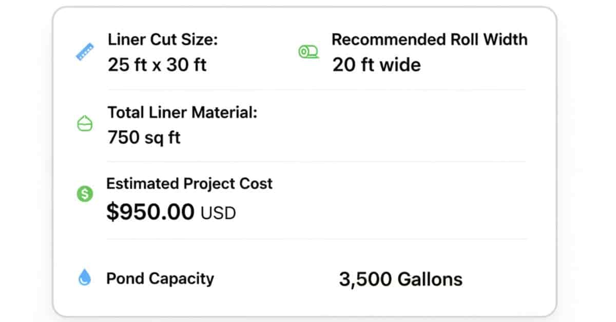 Calculator results panel displaying liner size, roll width, material requirements, cost estimate, and pond volume.