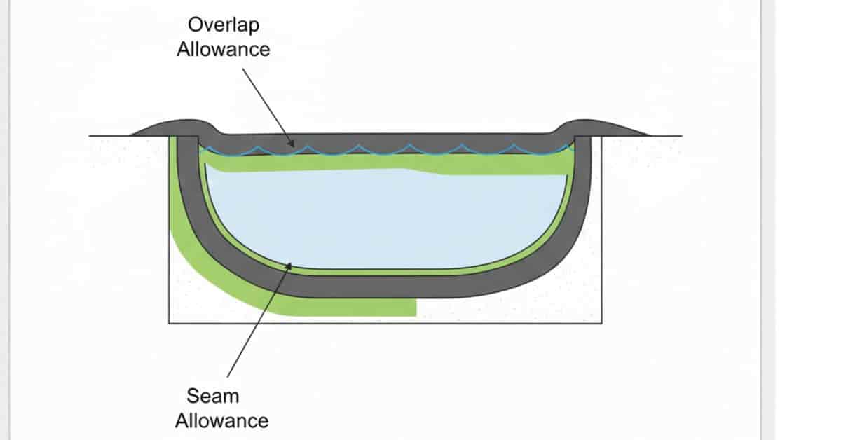 Cross-section of a pond illustrating liner overlap, side wall depth, and seam allowance for proper installation.