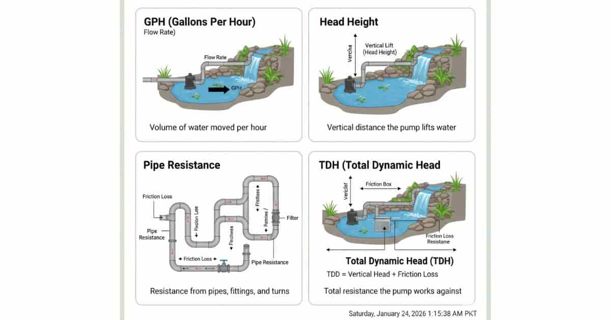 Infographic explaining pond pump terms GPH, flow rate, head height, and total dynamic head with labeled arrows.
