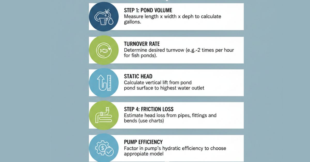 Infographic showing step-by-step pond pump calculation for koi and garden ponds.
