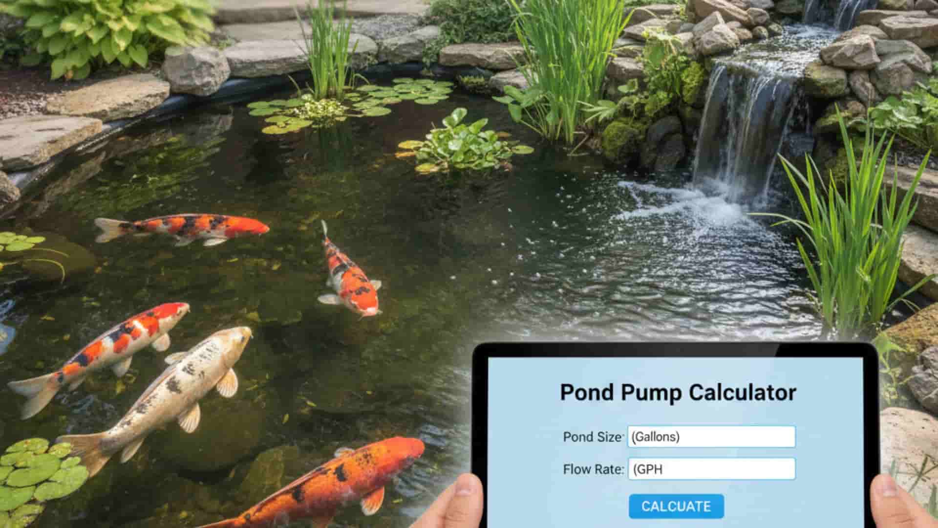 Pond pump calculator helping choose the right pump for a garden pond, koi pond, or waterfall setup