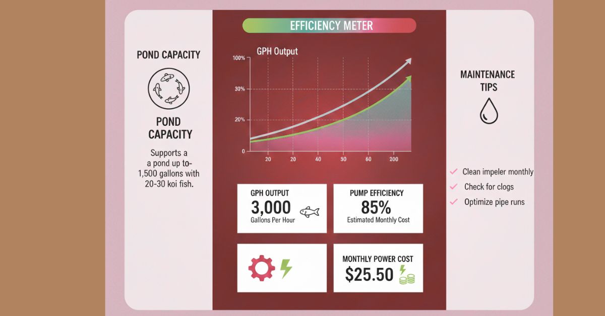 Example showing pond pump efficiency, flow, energy cost, and recommended fish capacity.