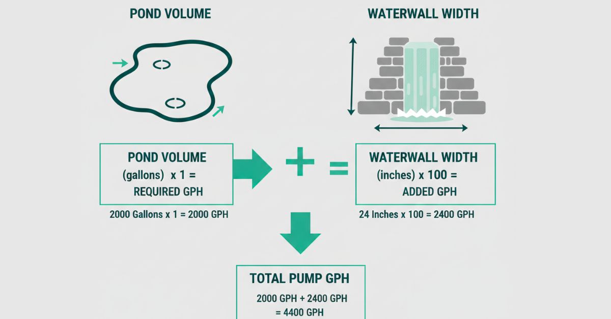 Infographic explaining how to calculate pond pump flow rate in GPH