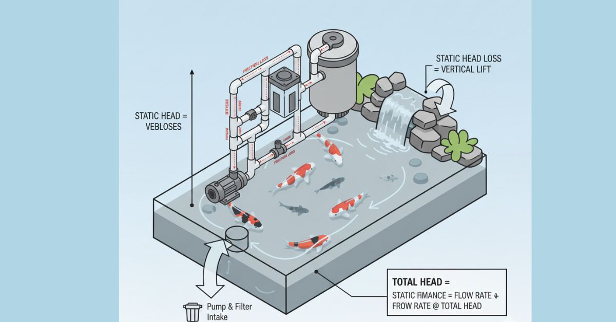 Diagram showing pump performance, pipe layout, and friction impact in a pond system.