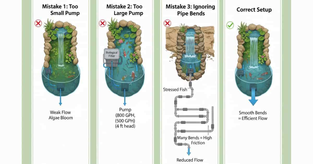 Infographic illustrating common pond pump mistakes and correct setup for pond health.
