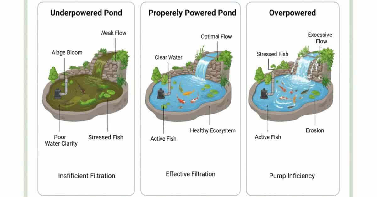 Comparison of underpowered, properly powered, and overpowered pond pumps showing effects on water clarity and fish health.