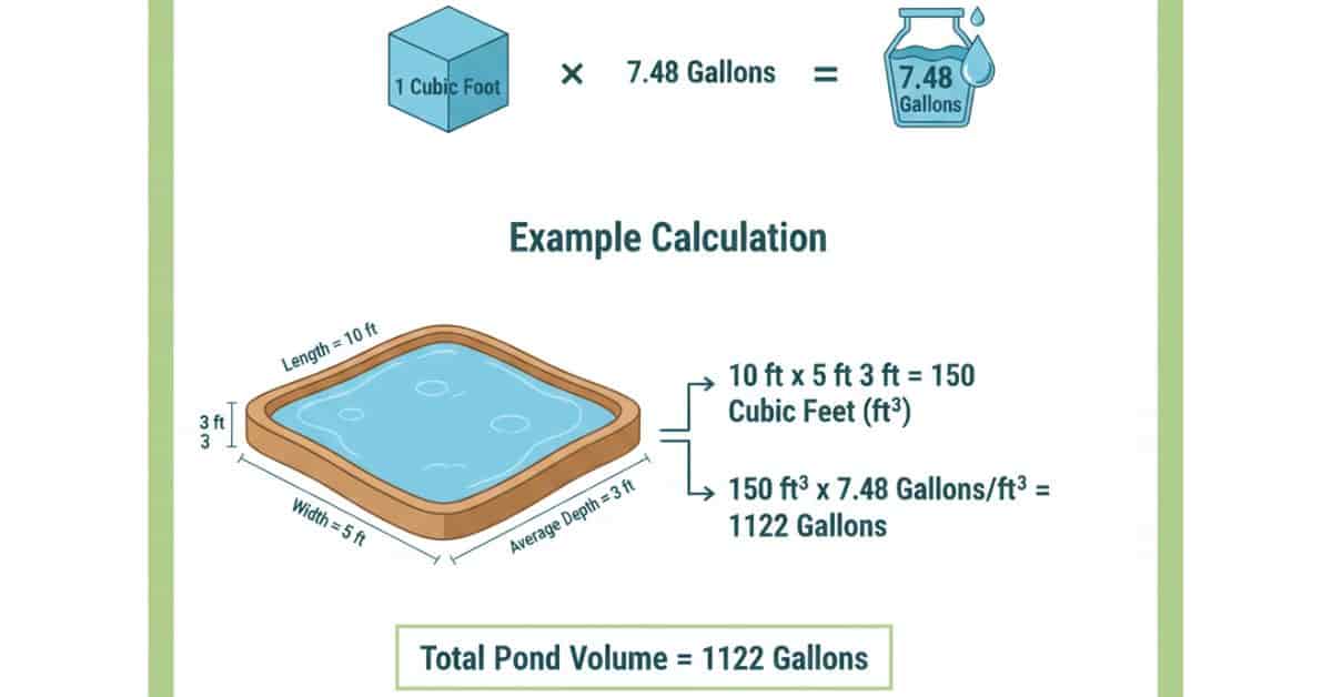 Visual formula showing conversion of pond volume from cubic feet to gallons with example calculation.
