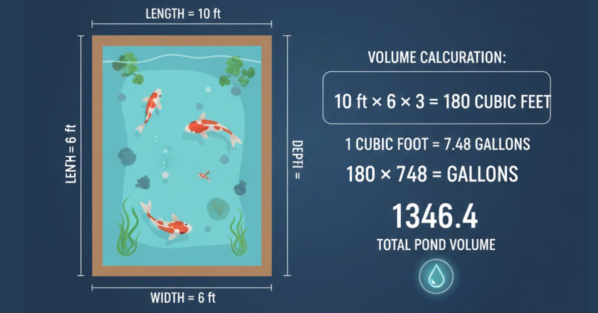 Illustration showing how to measure pond volume for accurate pump sizing.