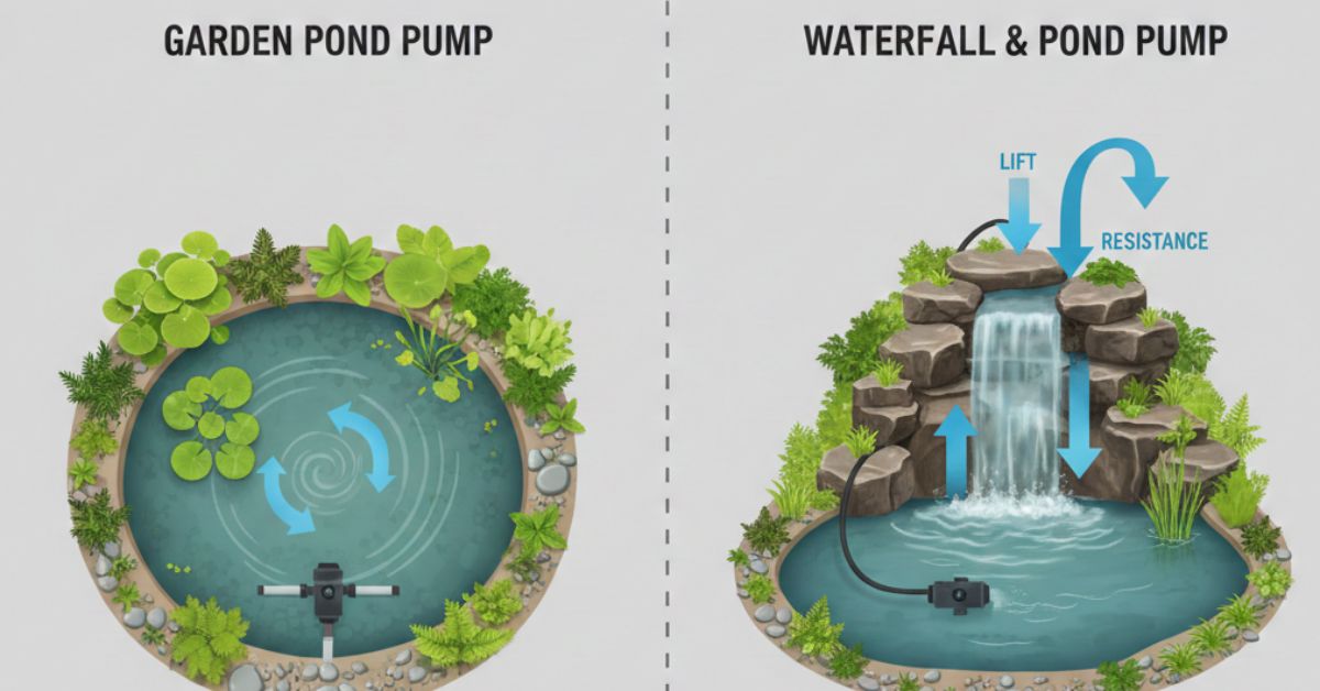 Difference between standard garden pond pump and waterfall pond pump flow requirements