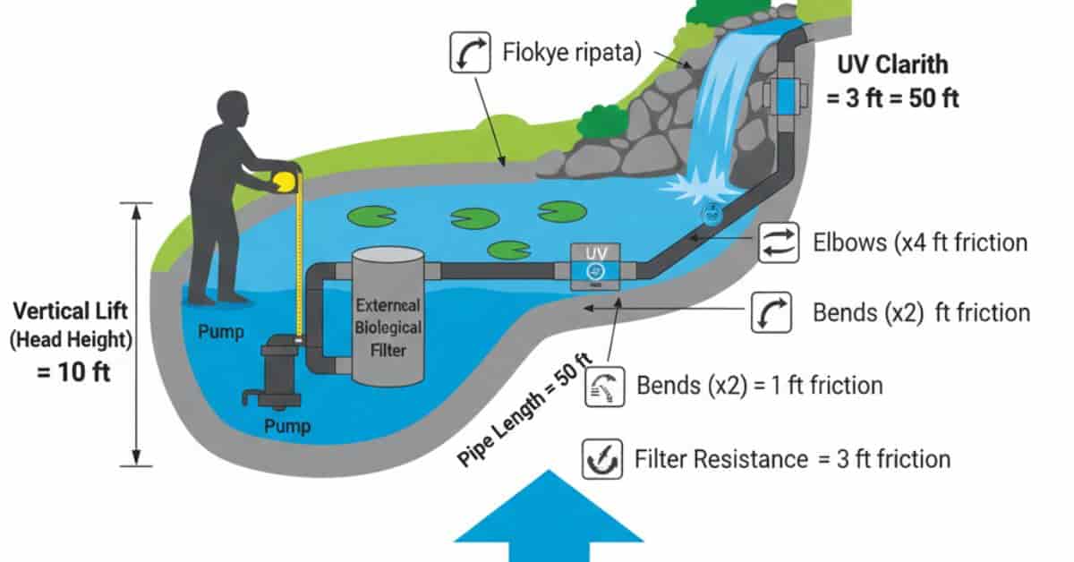 Diagram illustrating how to calculate total dynamic head including vertical lift, pipe bends, and filter resistance.