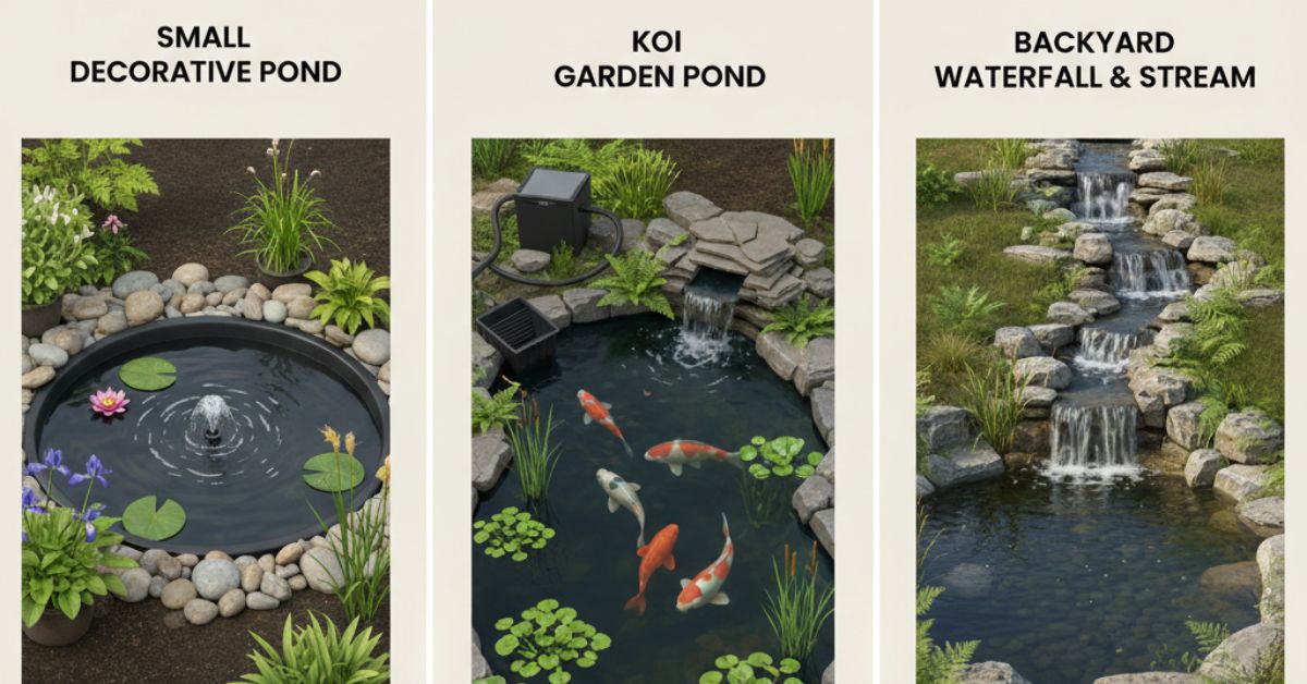 Types of garden ponds including small ponds koi ponds and backyard waterfall ponds