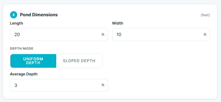 Entering pond dimensions in calculator including length, width, and depth