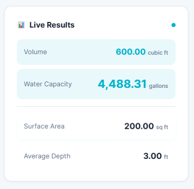 Live pond calculation results showing volume, gallons, surface area, and average depth