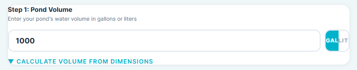 Enter pond water volume in gallons or liters in Smart Pond Fish Stocking Calculator