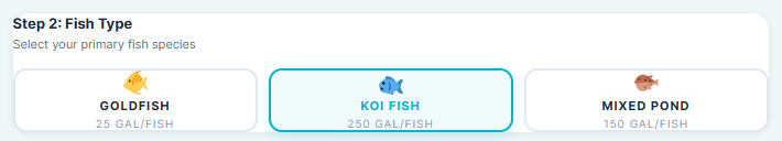 Select fish type: Goldfish, Koi, or Mixed Pond in Smart Pond Fish Stocking Calculator