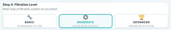 Select filtration system (Basic, Moderate, Advanced) in Smart Pond Fish Stocking Calculator