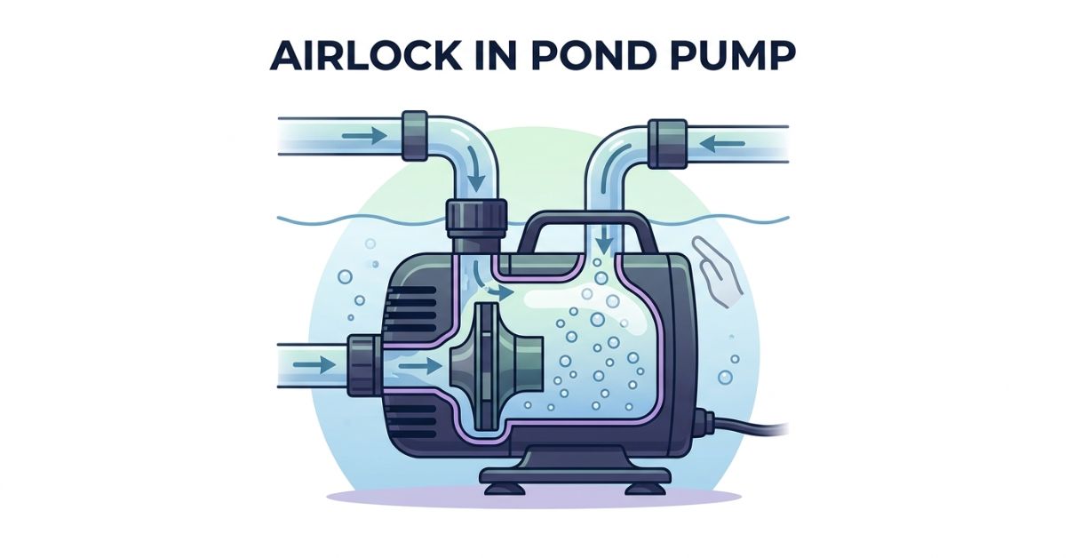  illustration of an airlock in a pond pump showing trapped air blocking water flow