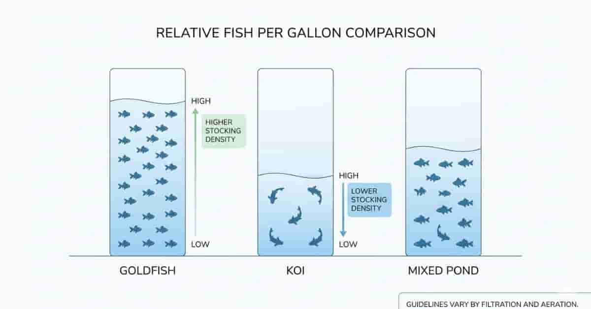 fish per gallon pond calculator guideline chart for koi goldfish and mixed pond stocking levels