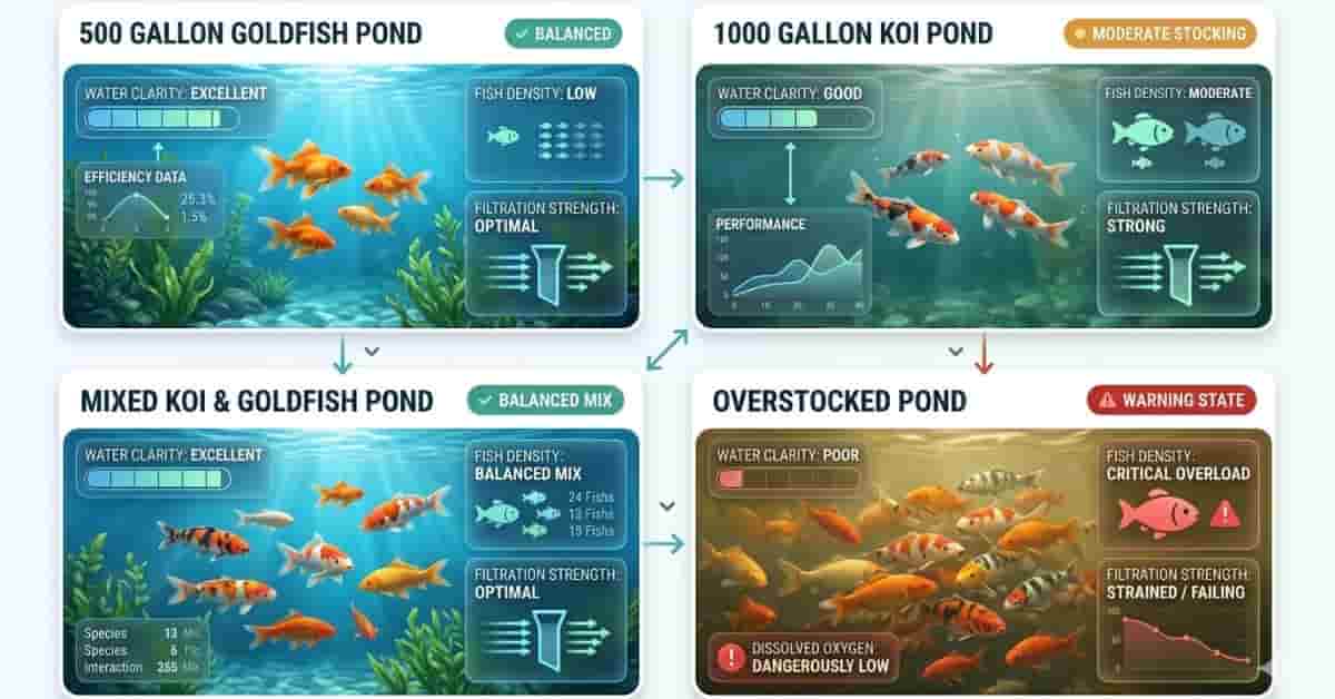pond fish stocking calculator example scenarios showing koi goldfish and mixed pond stocking comparisons