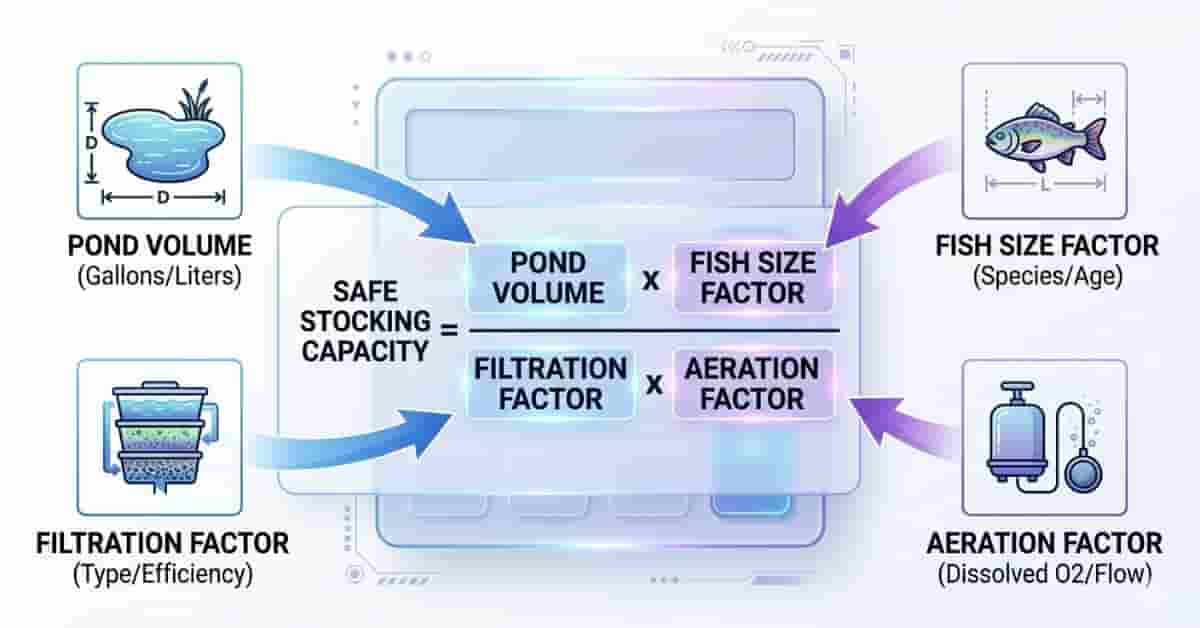 pond fish stocking calculator formula showing pond volume filtration aeration and fish size factors