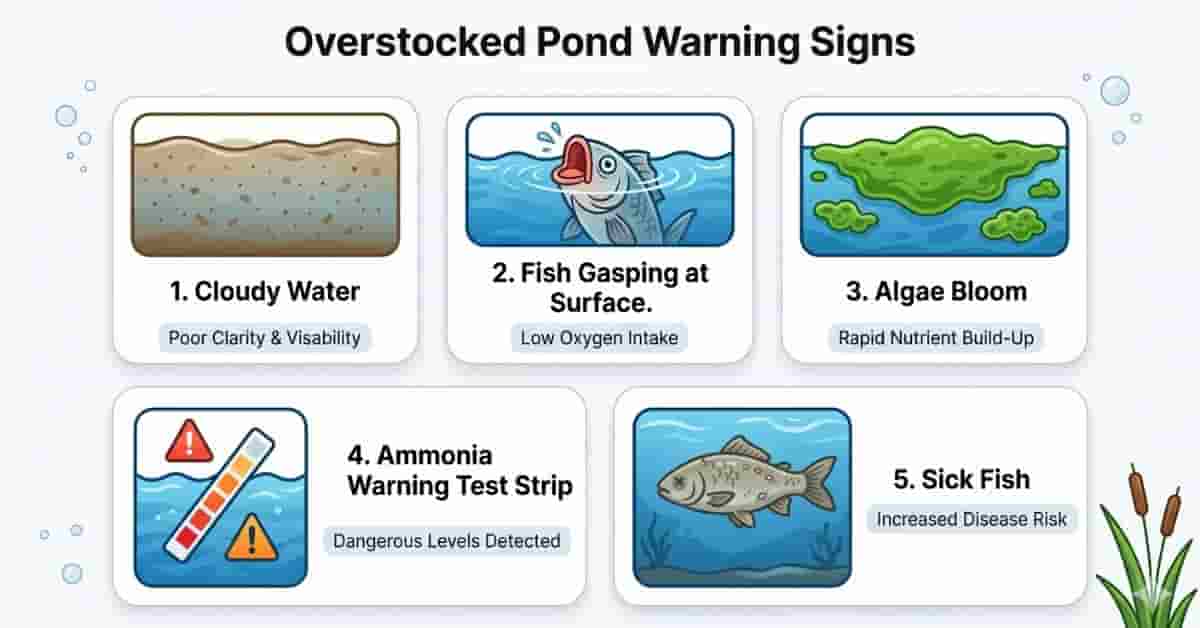pond fish stocking calculator warning signs showing overstocked pond symptoms like algae ammonia and fish stress