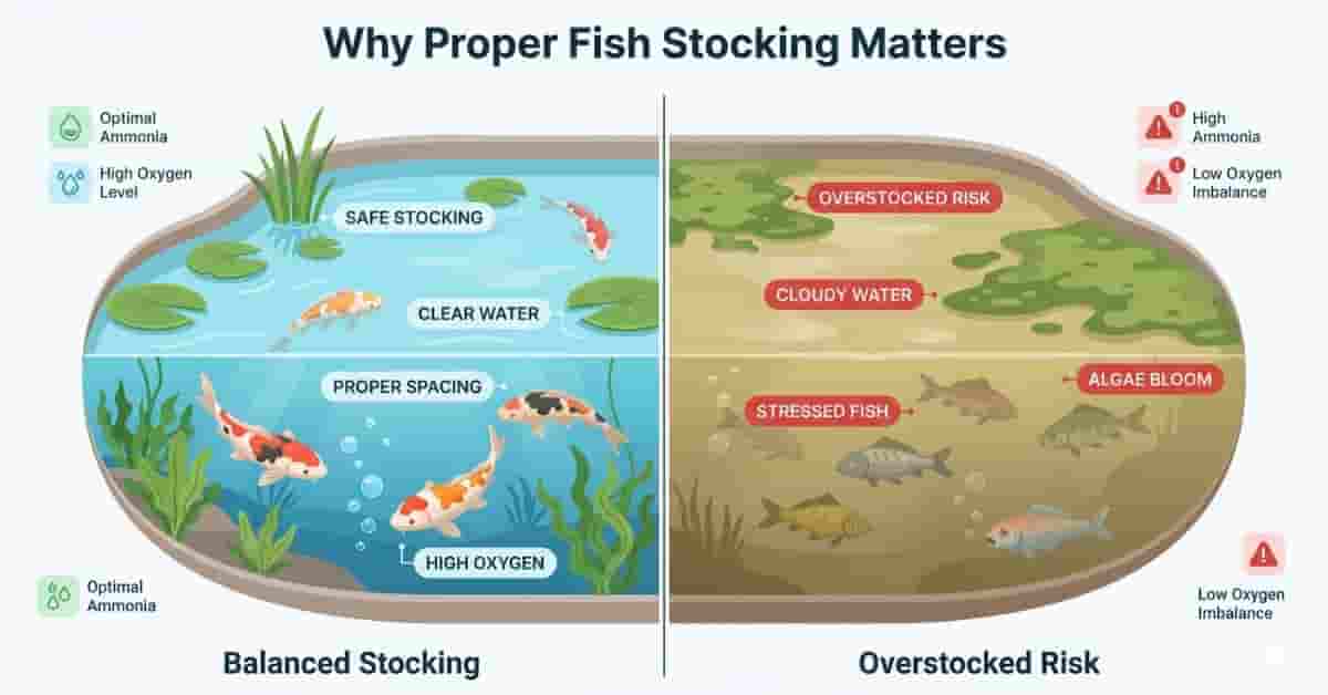 pond fish stocking calculator showing safe vs overstocked pond water quality comparison
