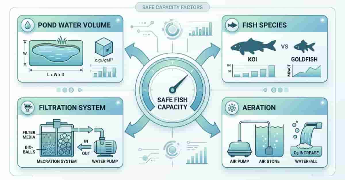 pond fish stocking calculator factors affecting safe fish capacity including filtration aeration and fish species
