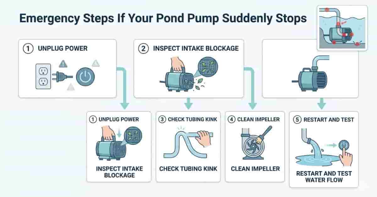 Emergency step-by-step guide showing how to fix a pond pump that suddenly stops working.