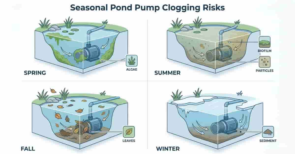 Seasonal infographic showing how pond pump clogging changes across spring, summer, fall, and winter.