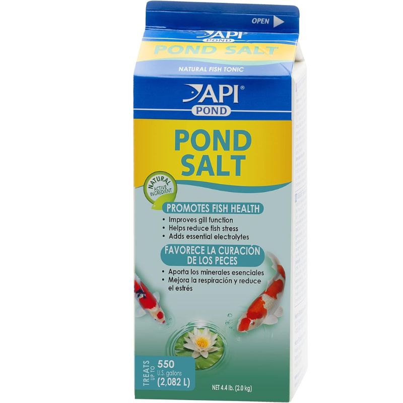 API Pond Salt granules in a 4.4 lb container for koi ponds, best overall pond salt for routine maintenance and fish health.