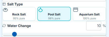 Pond salt calculator showing rock salt, pool salt, and aquarium salt purity options