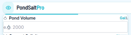 Pond Salt Calculator showing pond volume input in gallons or liters for accurate salt dosage calculation