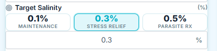 Selecting target salinity level for pond maintenance, stress relief, or parasite treatment using a pond salt calculator