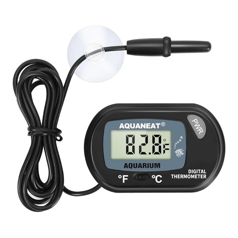 AQUANEAT digital pond thermometer with LCD display and waterproof probe for monitoring water temperature in small ponds and aquariums.