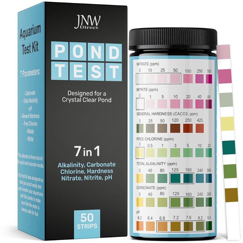 JNW Direct 7-in-1 pond test strips for quick koi pond water testing and monitoring pH, nitrate, nitrite, hardness, and alkalinity