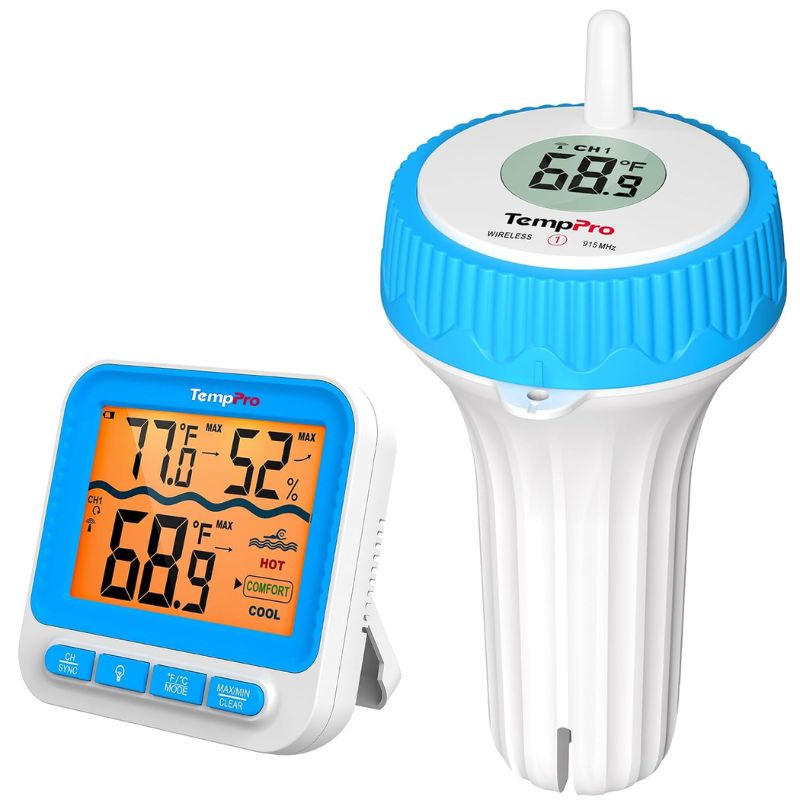 TempPro waterproof wireless pond thermometer with floating sensor and indoor digital display for monitoring koi pond water temperature.