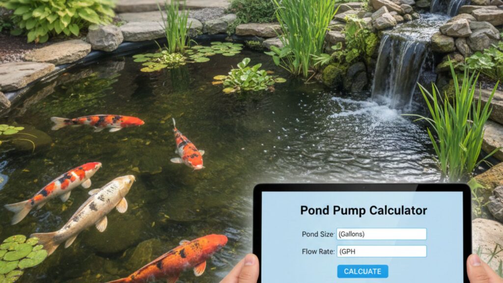 Pond pump calculator helping choose the right pump for a garden pond, koi pond, or waterfall setup