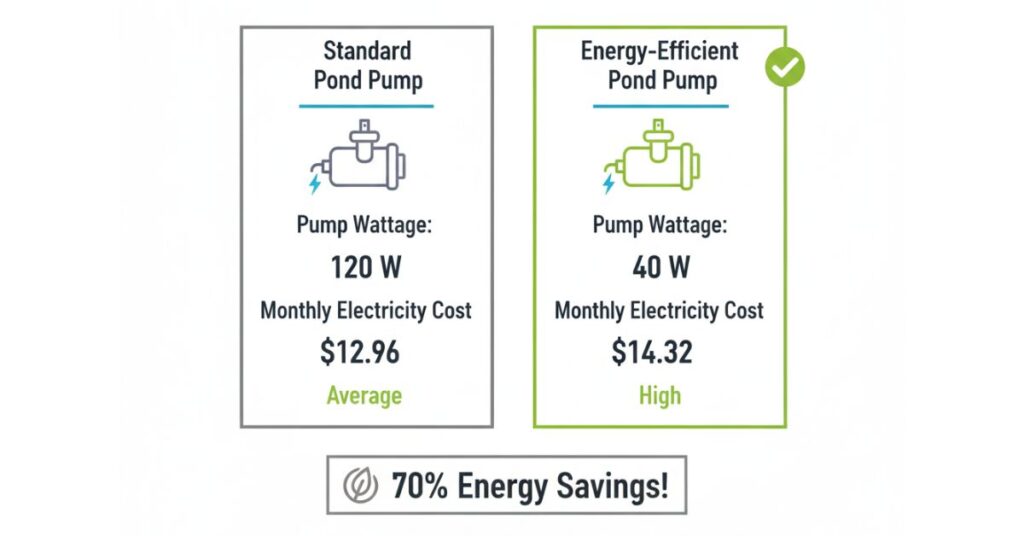 Comparison of standard and energy-efficient pond pumps showing power and cost savings