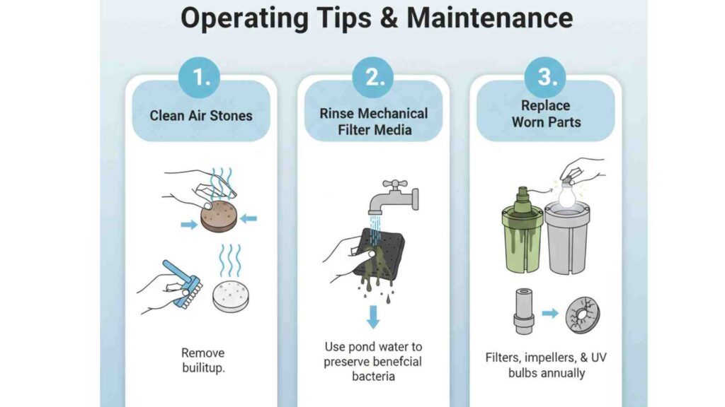 Infographic showing step-by-step maintenance for pond air stones and filters.