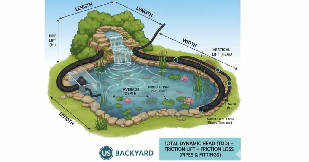 Labeled backyard pond diagram showing pond volume, vertical lift, and pipe layout for accurate pond pump capacity calculation.