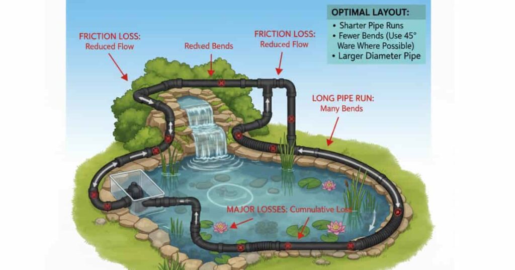 Diagram showing pipe layout, bends, and friction losses in a pond system for advanced pump optimization.