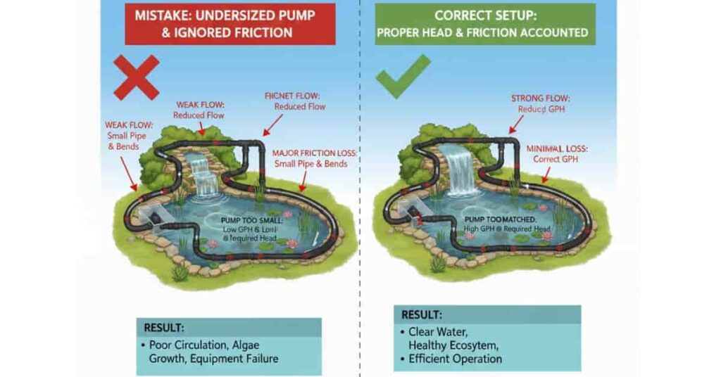 Comparison diagram showing common pond pump calculation mistakes versus correct advanced setup.