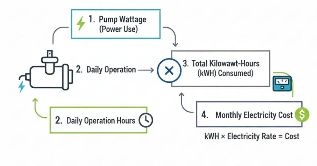 Infographic showing how pond pump wattage and runtime convert into electricity cost