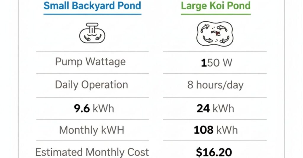 Comparison of small backyard pond and koi pond electricity usage and monthly cost