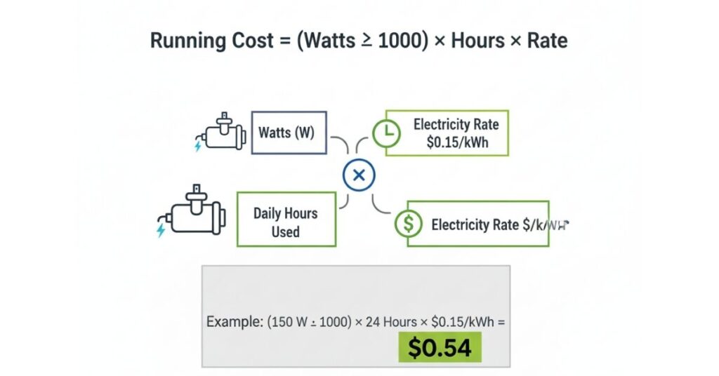 Pond pump running cost formula showing how to calculate electricity cost